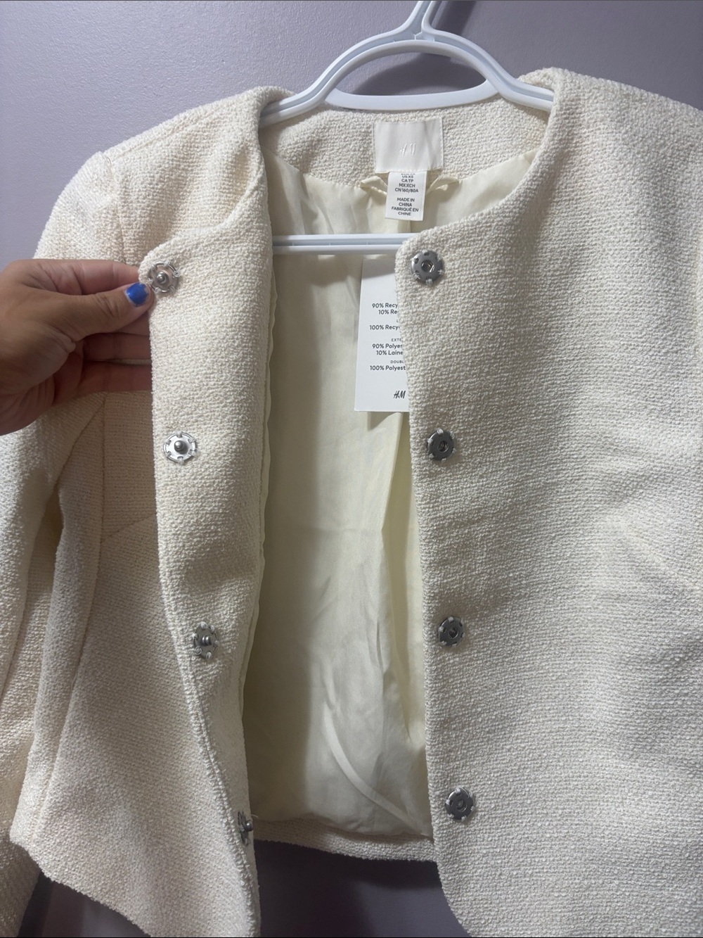 NWT H&M Cream Short Jacket | Bouclé Tweed Cropped Collarless Snap Button | XS - Picture 5 of 10